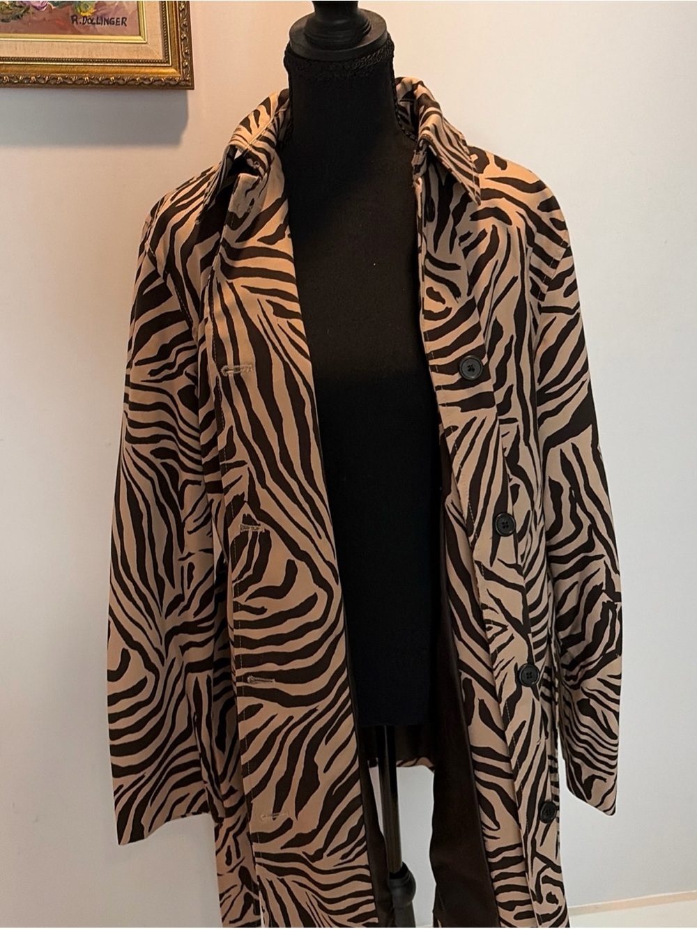 Brown Zebra Belted Trench Jacket XL Coat Cotton Mob Wife Classic animal print - Picture 11 of 13